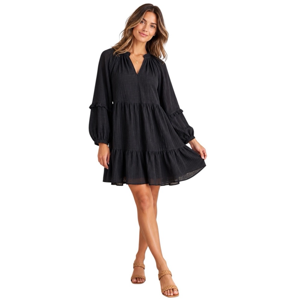 Mare Mare Anthropologie Anne Tiered Tunic Dress Black Ruffle Boho M